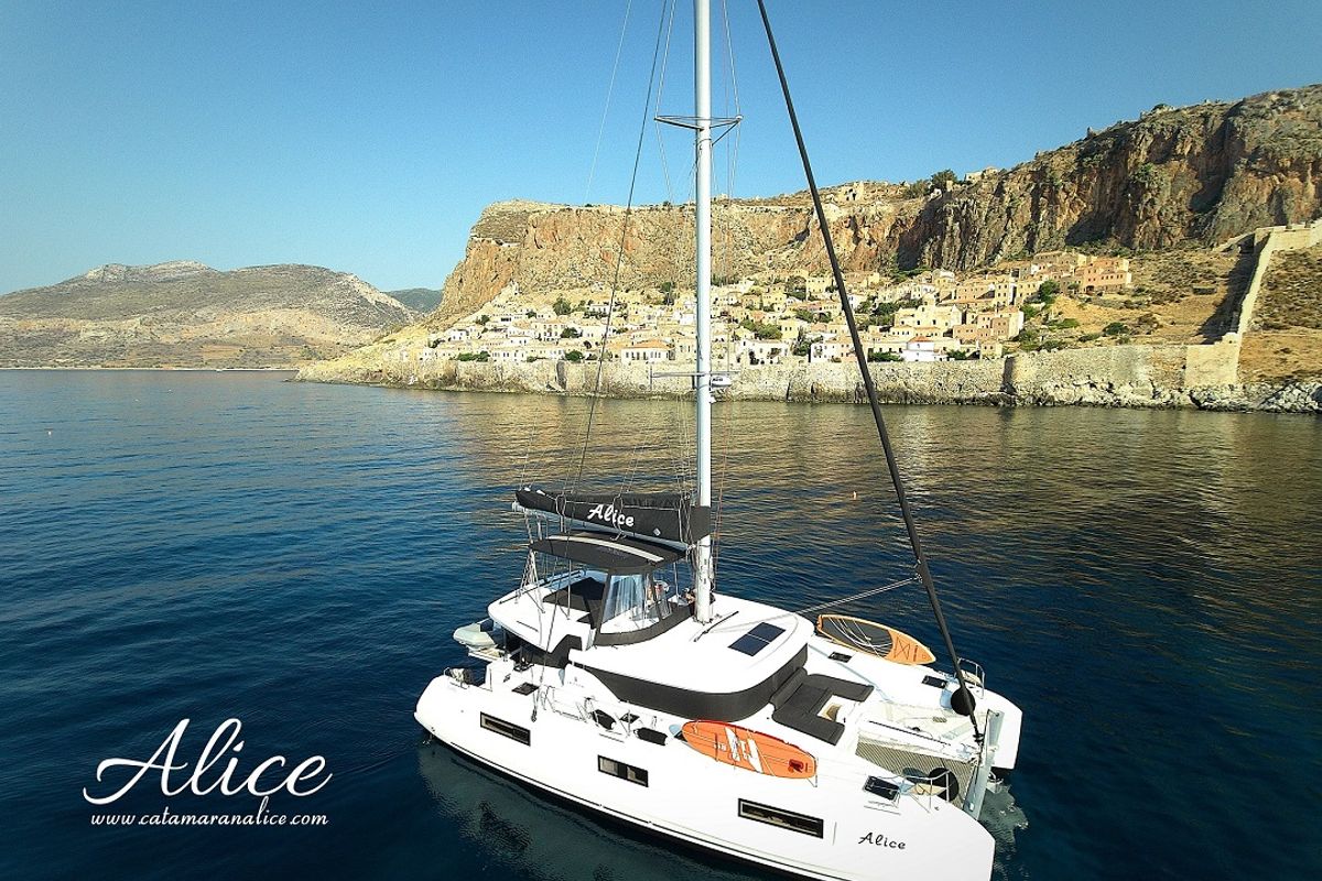 Exterior view of Alice, a Lagoon 46 catamaran at Athens, Greece