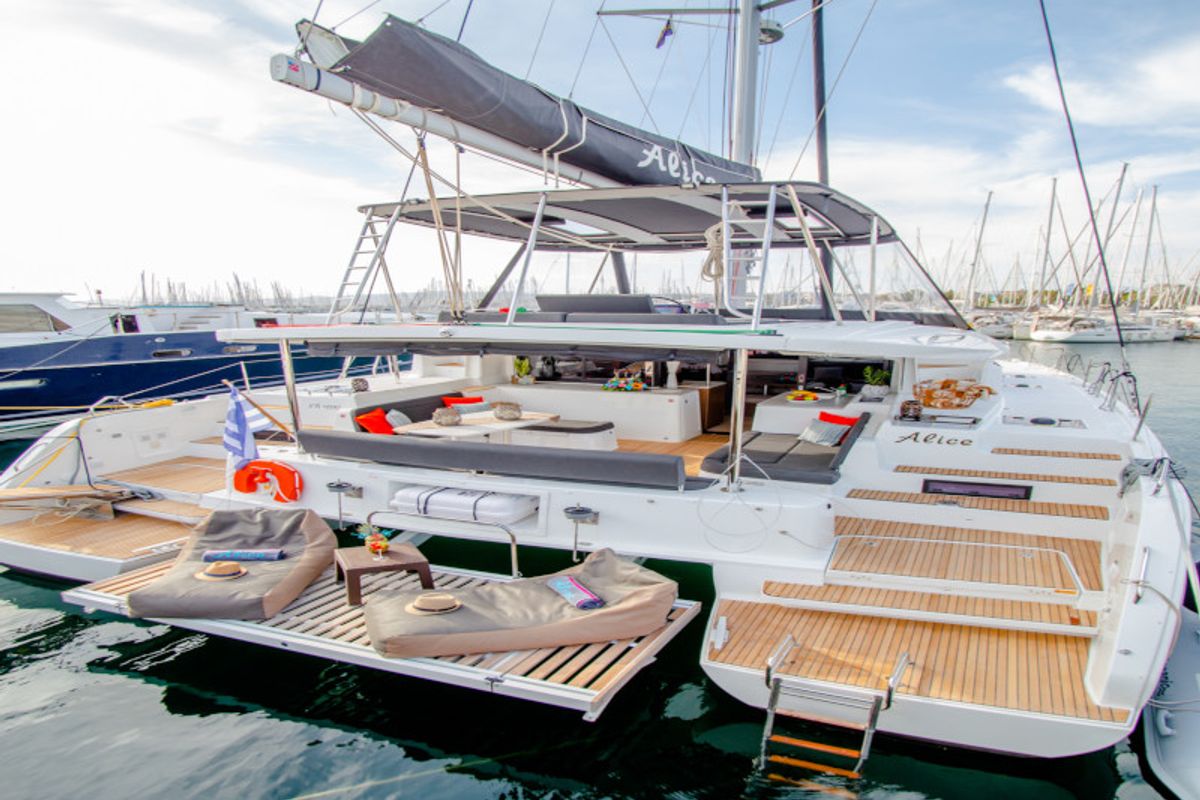 Exterior view of Alice, a Lagoon 46 catamaran at Athens, Greece