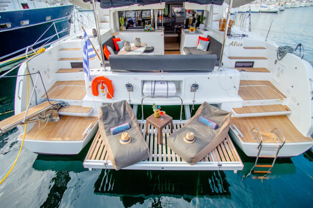 Exterior view of Alice, a Lagoon 46 catamaran at Athens, Greece