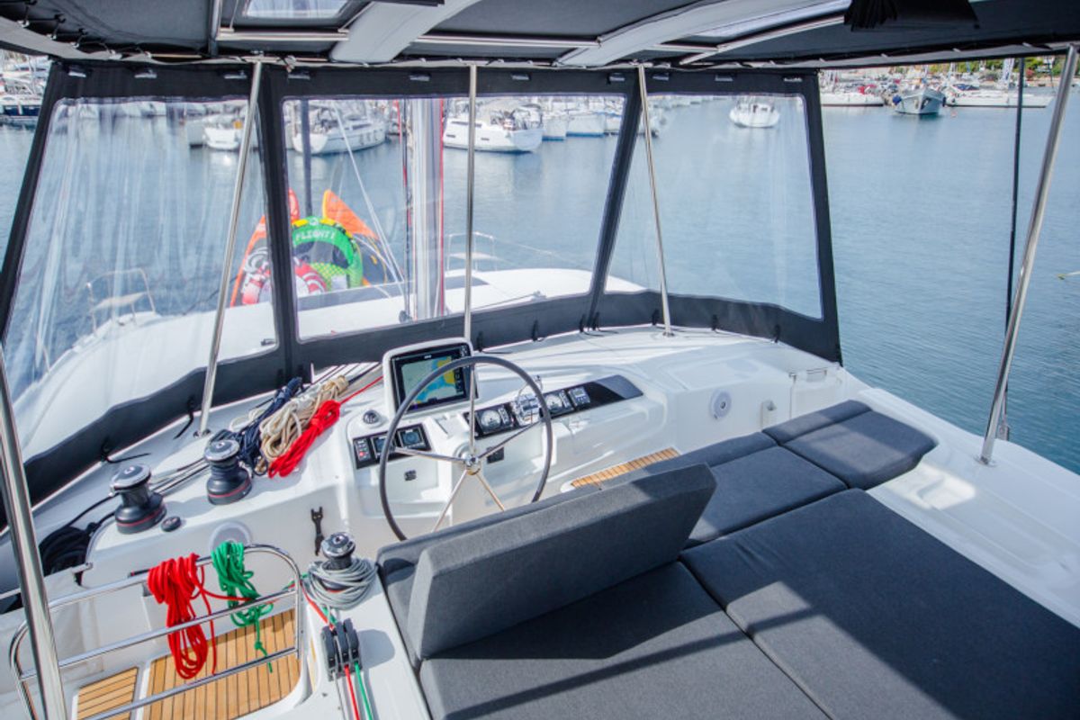 Cockpit of Alice, a Lagoon 46 catamaran at Athens, Greece