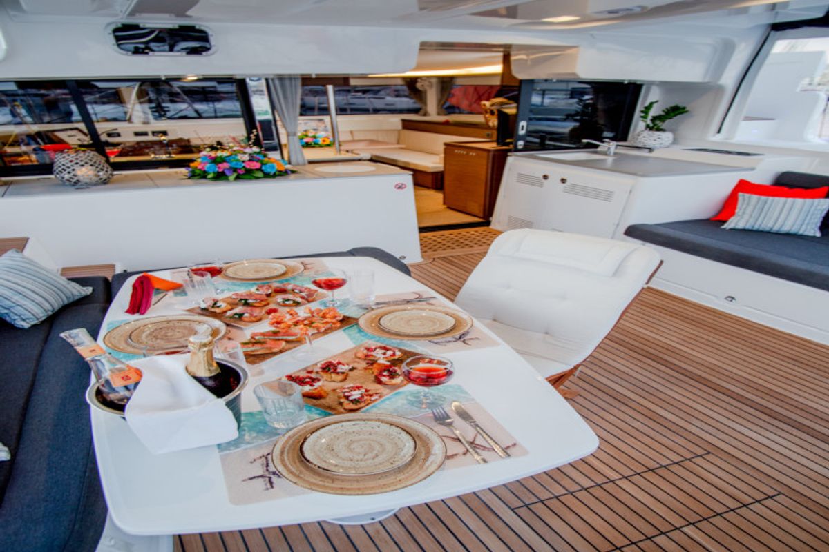 Deck of Alice, a Lagoon 46 catamaran at Athens, Greece