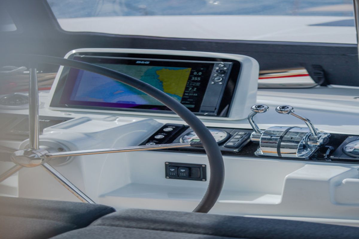 Cockpit of Alice, a Lagoon 46 catamaran at Athens, Greece