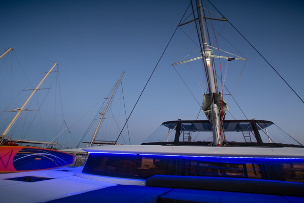 Exterior view of Alice, a Lagoon 46 catamaran at Athens, Greece