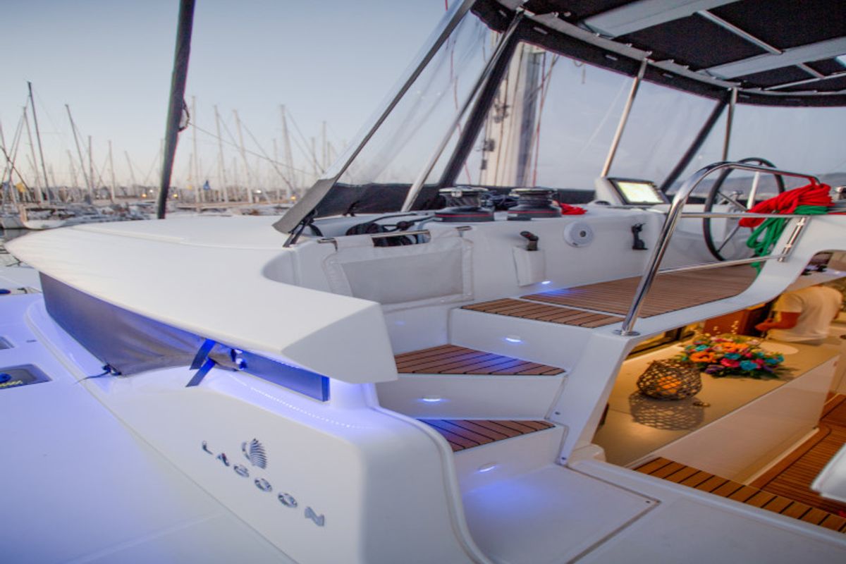 Cockpit of Alice, a Lagoon 46 catamaran at Athens, Greece