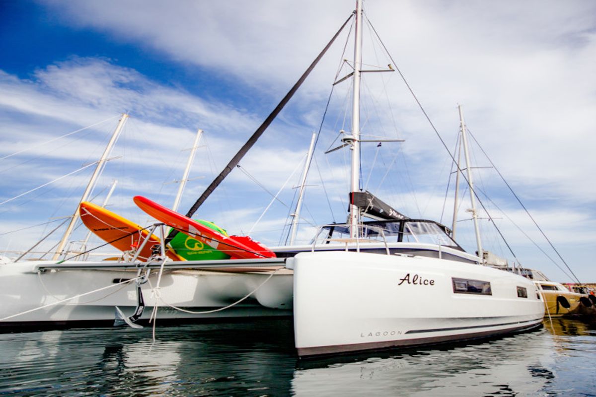 Exterior view of Alice, a Lagoon 46 catamaran at Athens, Greece