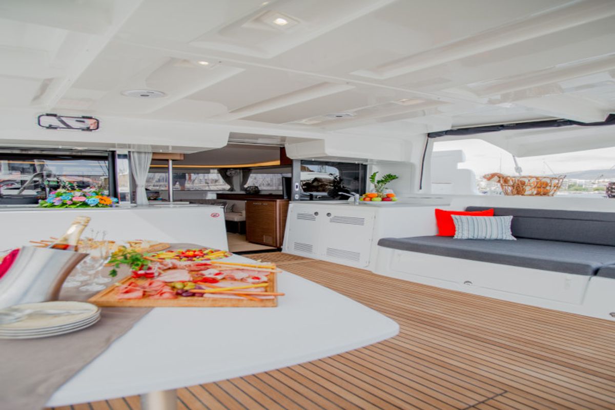 Deck of Alice, a Lagoon 46 catamaran at Athens, Greece