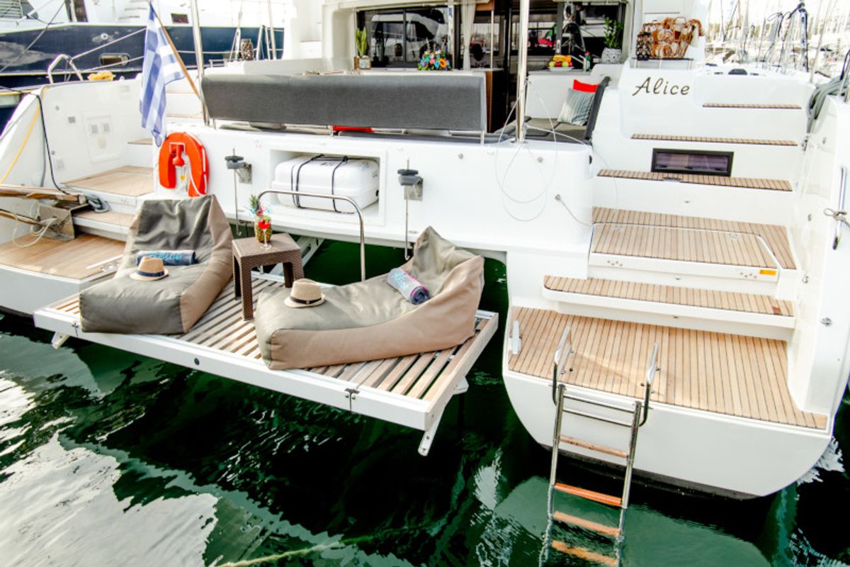 Exterior view of Alice, a Lagoon 46 catamaran at Athens, Greece