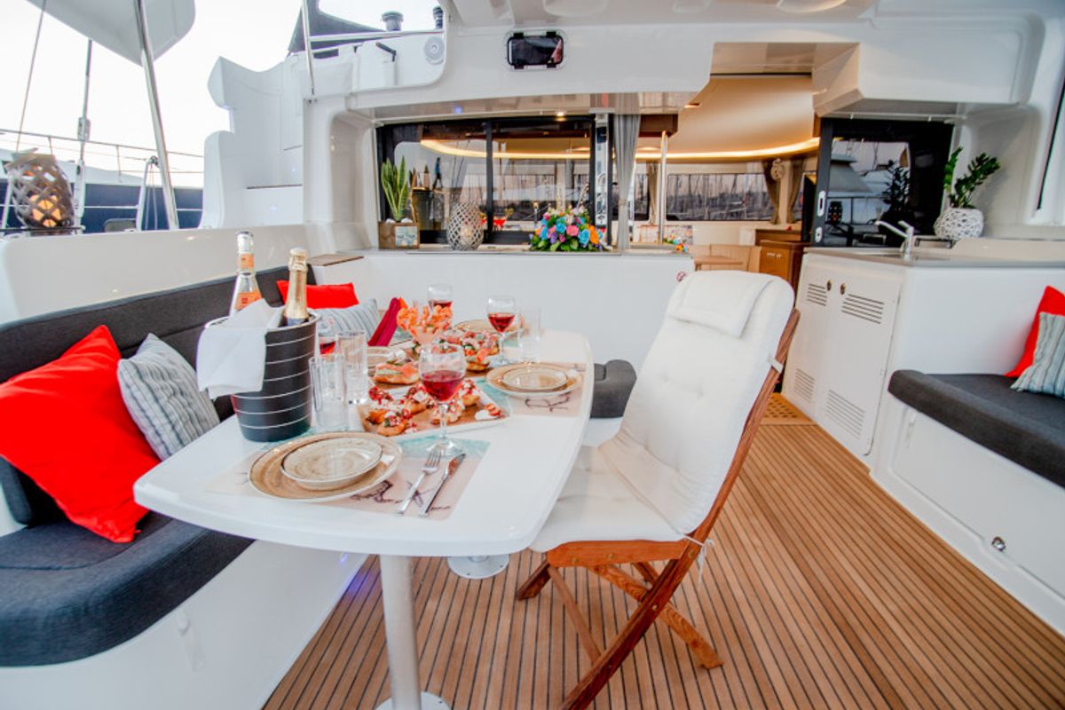Salon of Alice, a Lagoon 46 catamaran at Athens, Greece