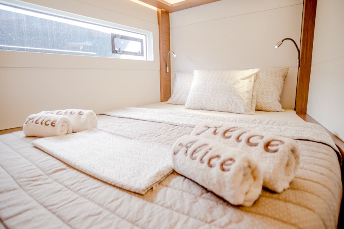 Cabin on Alice, a Lagoon 46 catamaran at Athens, Greece