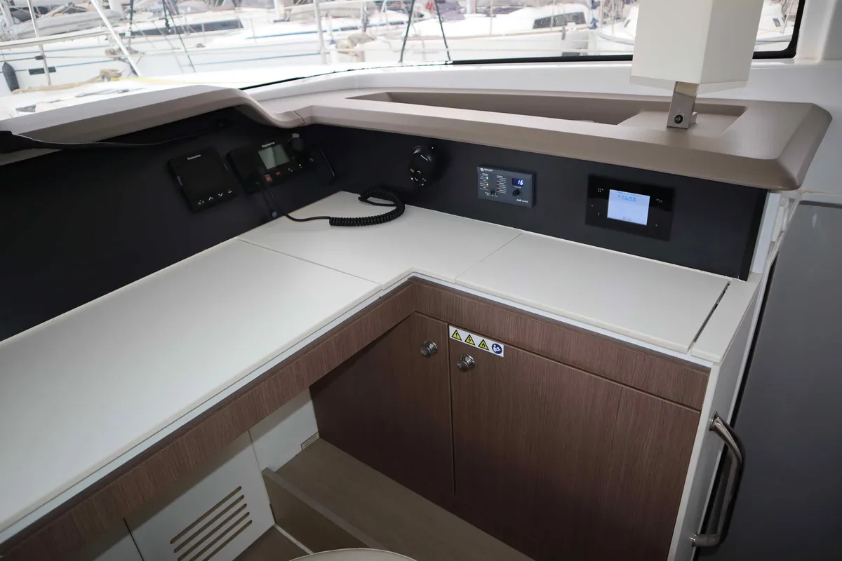 Cockpit of Memories, a Bali 4.1 catamaran at Athens, Greece