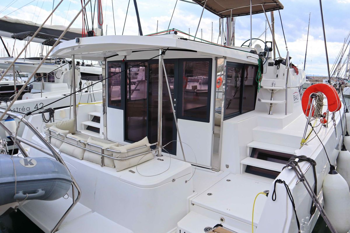 Exterior view of Memories, a Bali 4.1 catamaran at Athens, Greece