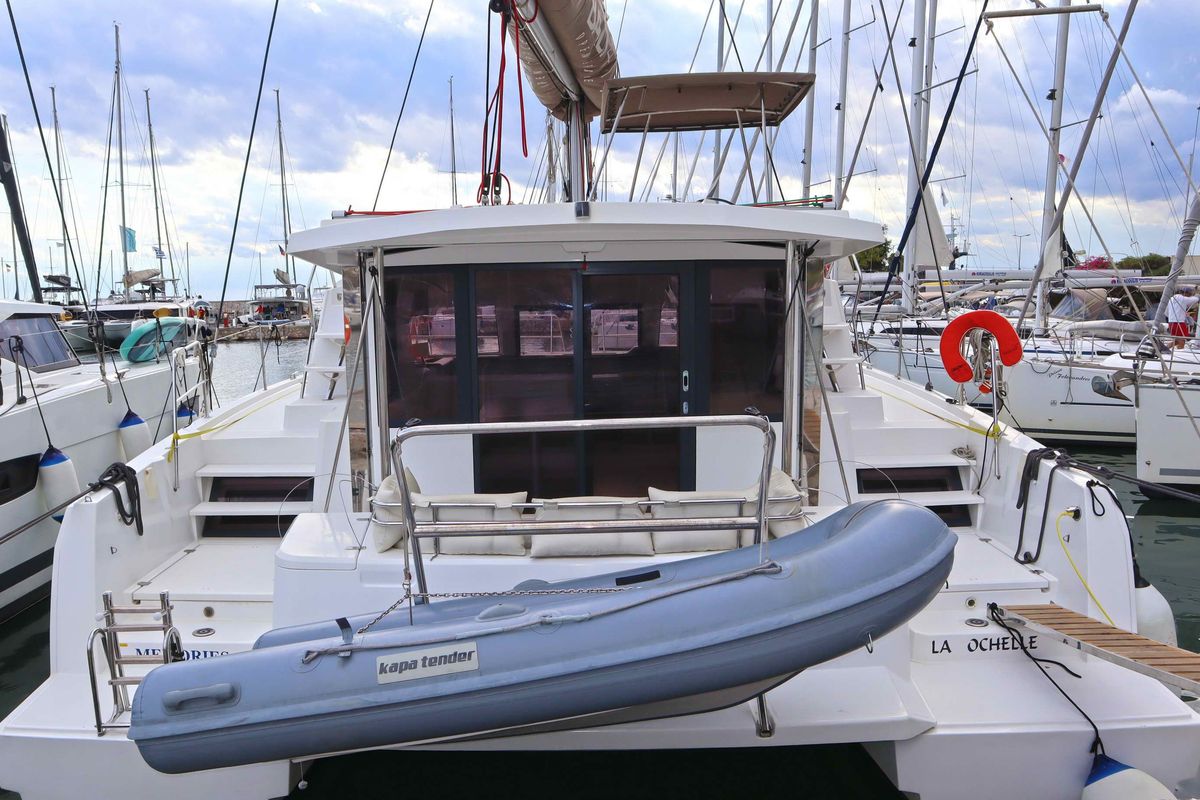 Exterior view of Memories, a Bali 4.1 catamaran at Athens, Greece