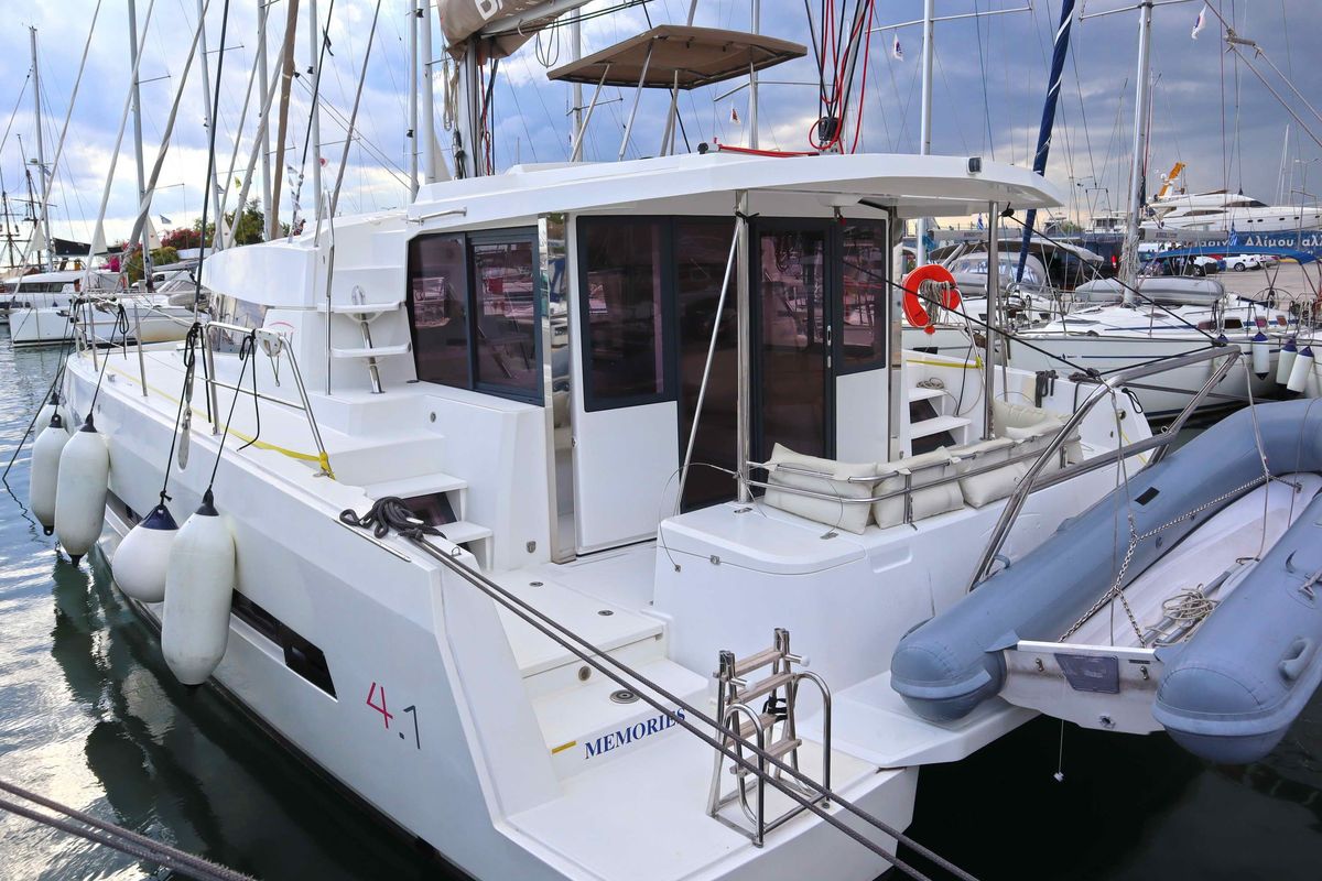 Exterior view of Memories, a Bali 4.1 catamaran at Athens, Greece