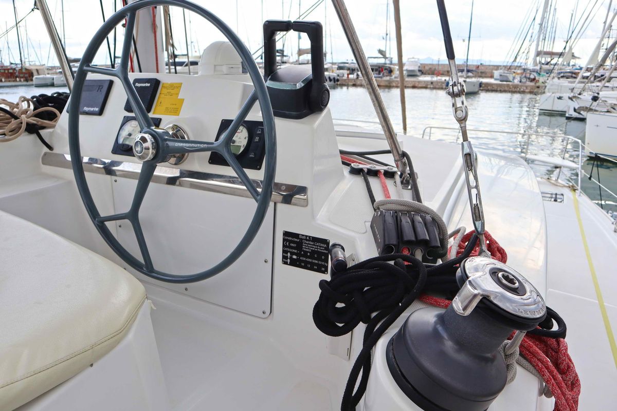 Cockpit of Memories, a Bali 4.1 catamaran at Athens, Greece