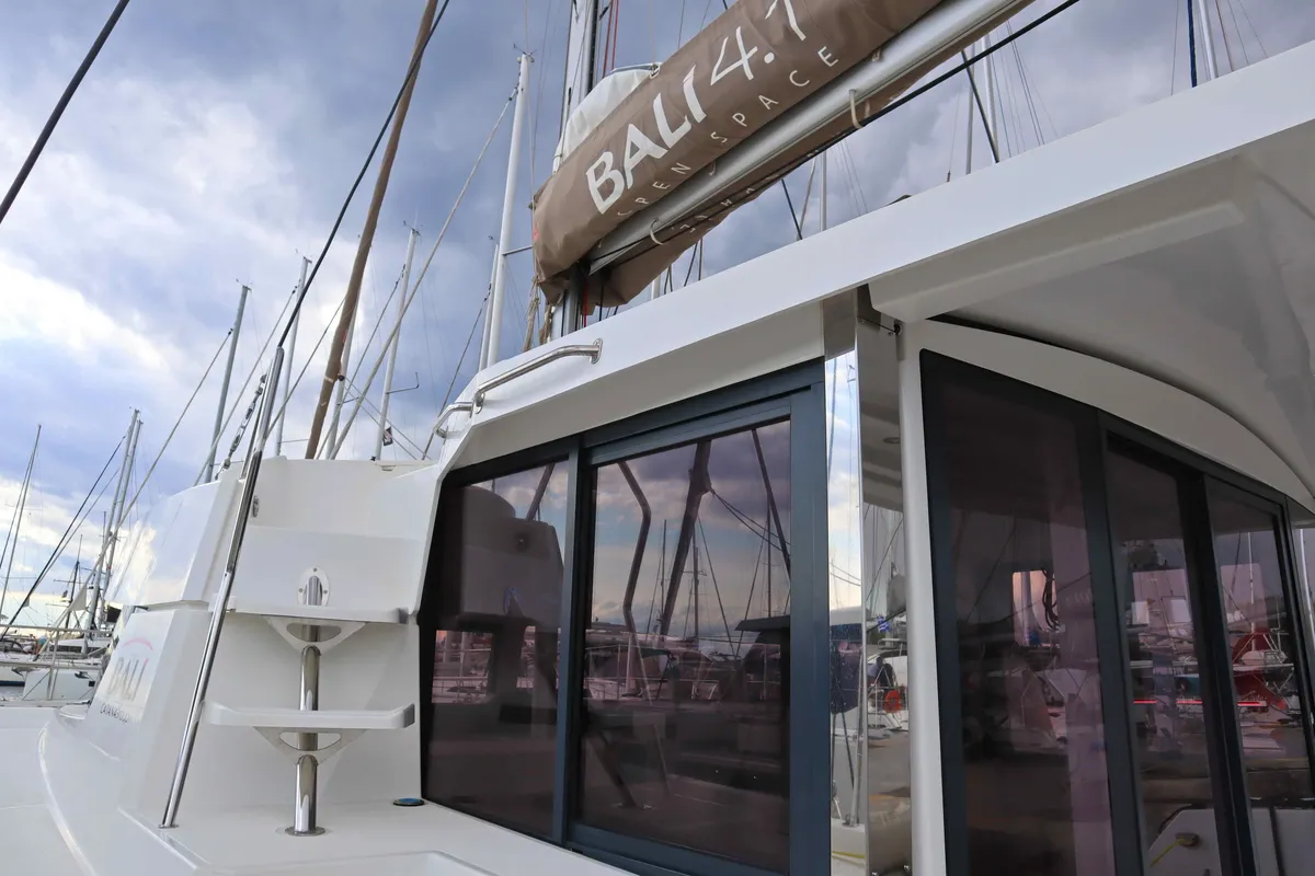 Exterior view of Memories, a Bali 4.1 catamaran at Athens, Greece