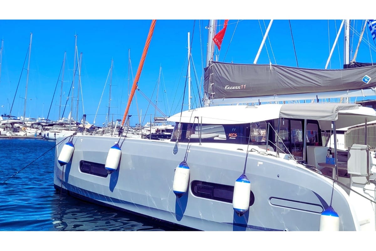 Exterior view of Eleftheria, a Excess 11 catamaran at Benitses, Greece