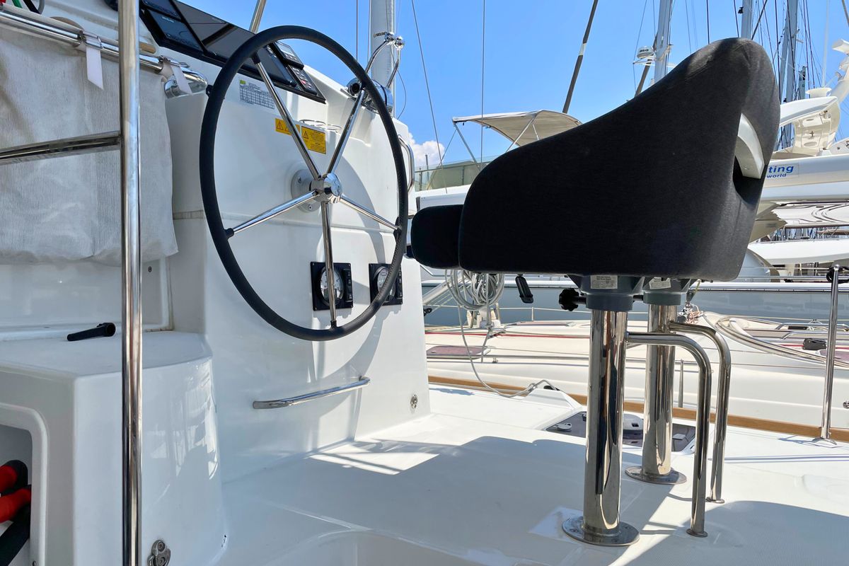 Cockpit of Drifter, a Lagoon 40 catamaran at Municipal Unit of Lefkada, Greece