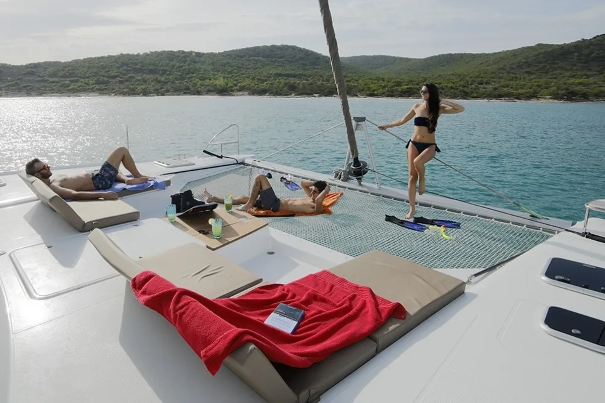 Deck of New Horizons 2, a Fountaine Pajot Saba 50 catamaran at Athens, Greece