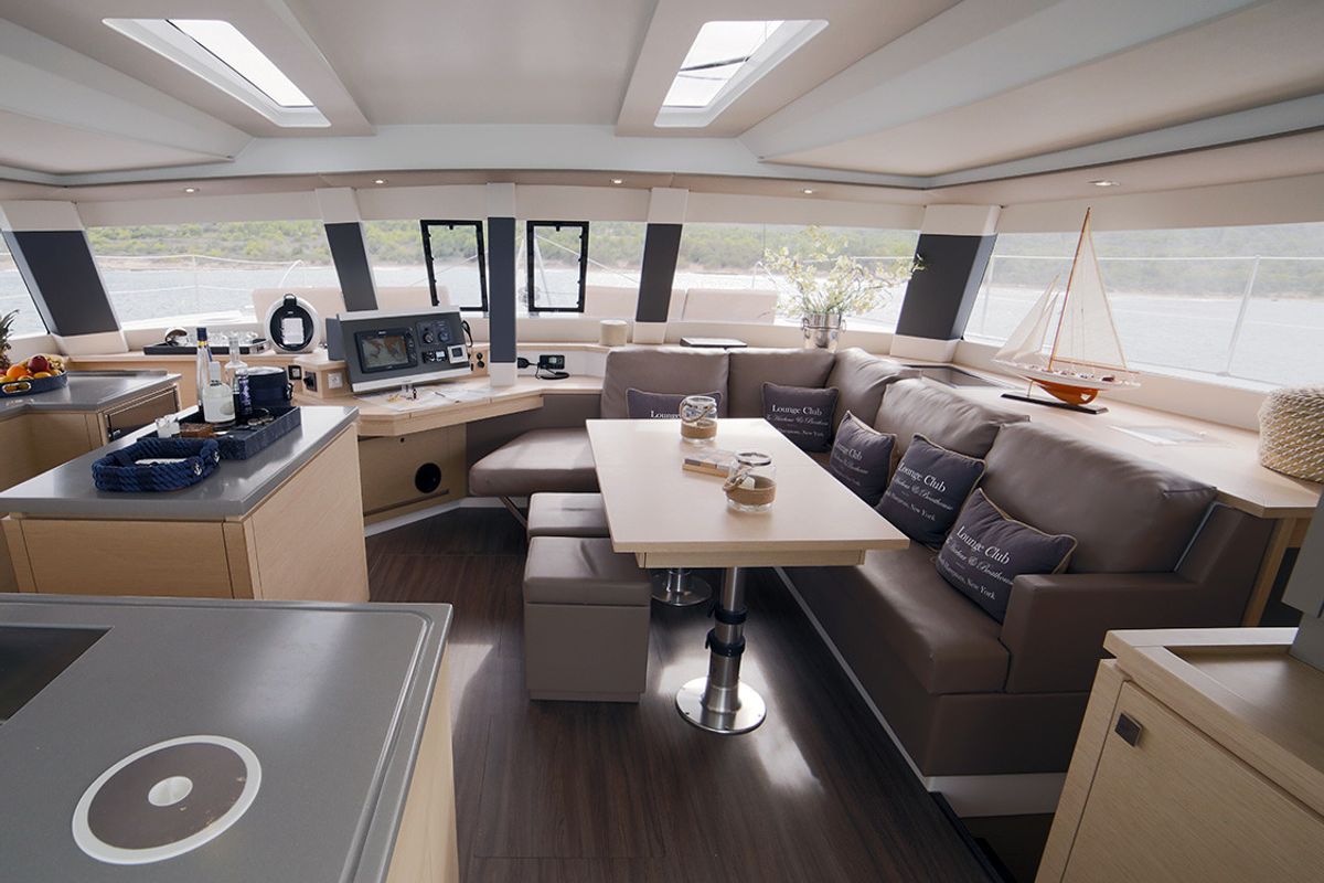 Salon of New Horizons 2, a Fountaine Pajot Saba 50 catamaran at Athens, Greece