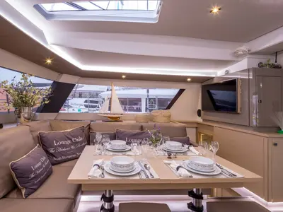 Salon of New Horizons 2, a Fountaine Pajot Saba 50 catamaran at Athens, Greece