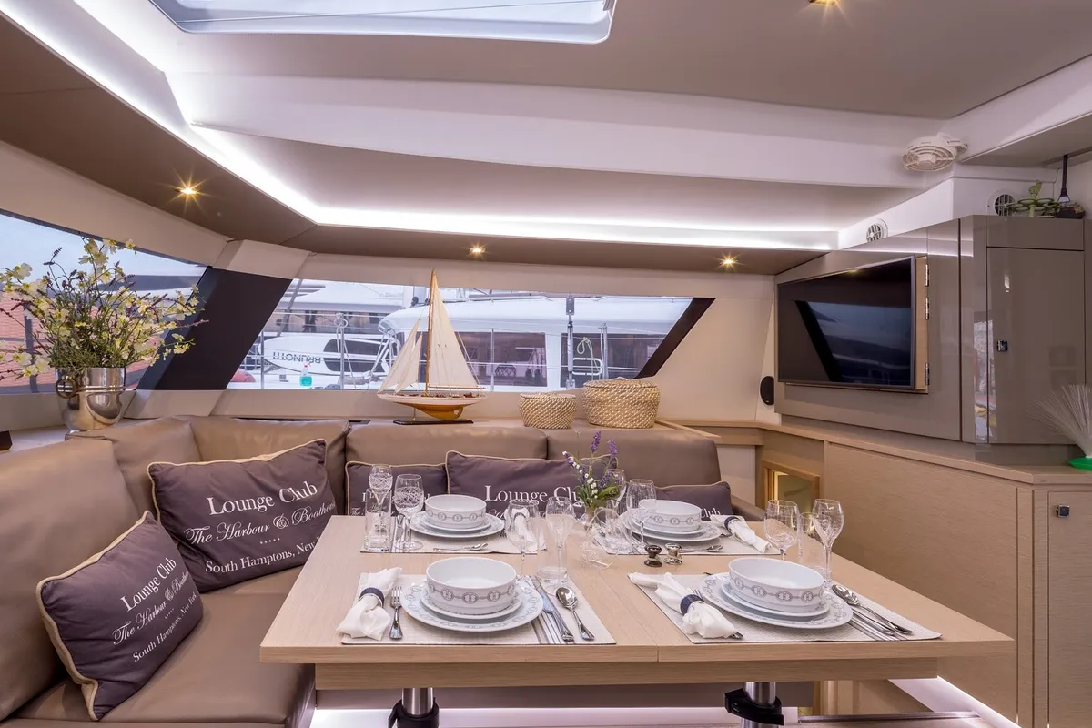 Salon of New Horizons 2, a Fountaine Pajot Saba 50 catamaran at Athens, Greece