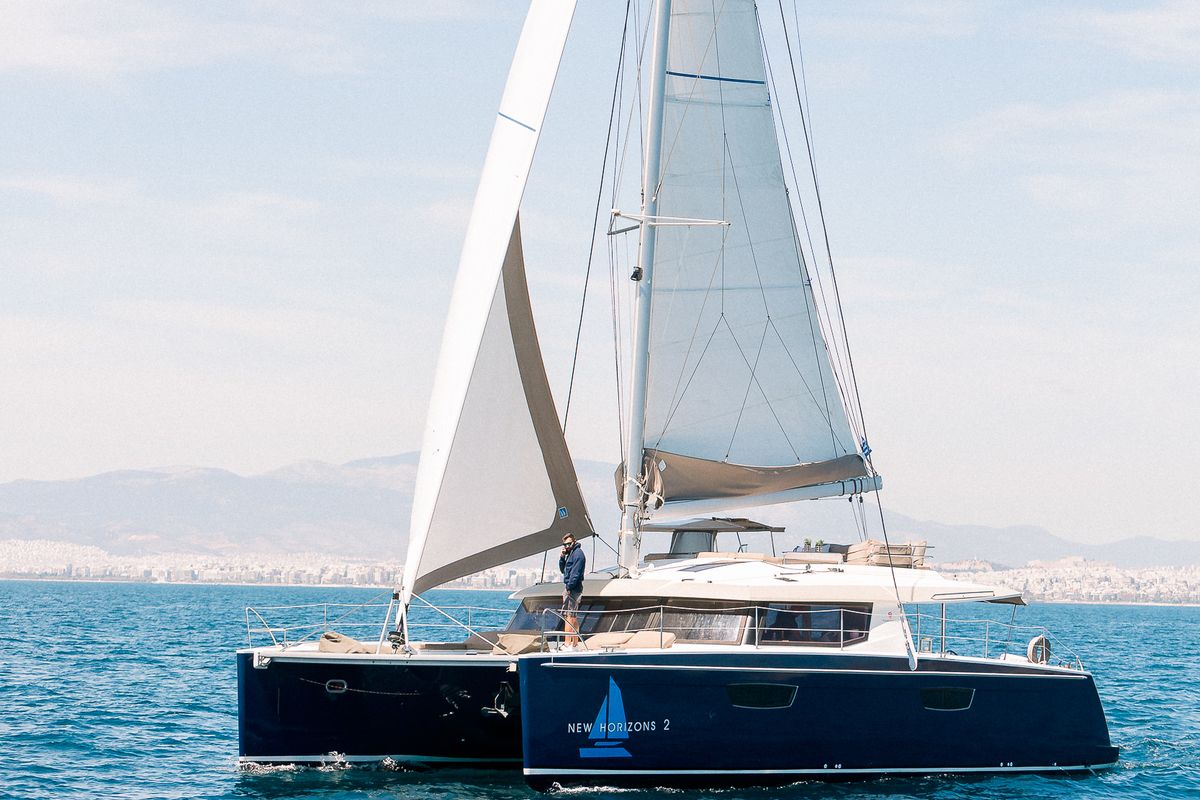 Exterior view of New Horizons 2, a Fountaine Pajot Saba 50 catamaran at Athens, Greece