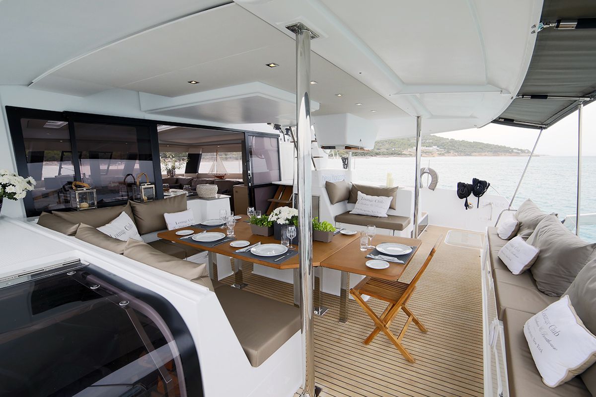 Deck of New Horizons 2, a Fountaine Pajot Saba 50 catamaran at Athens, Greece