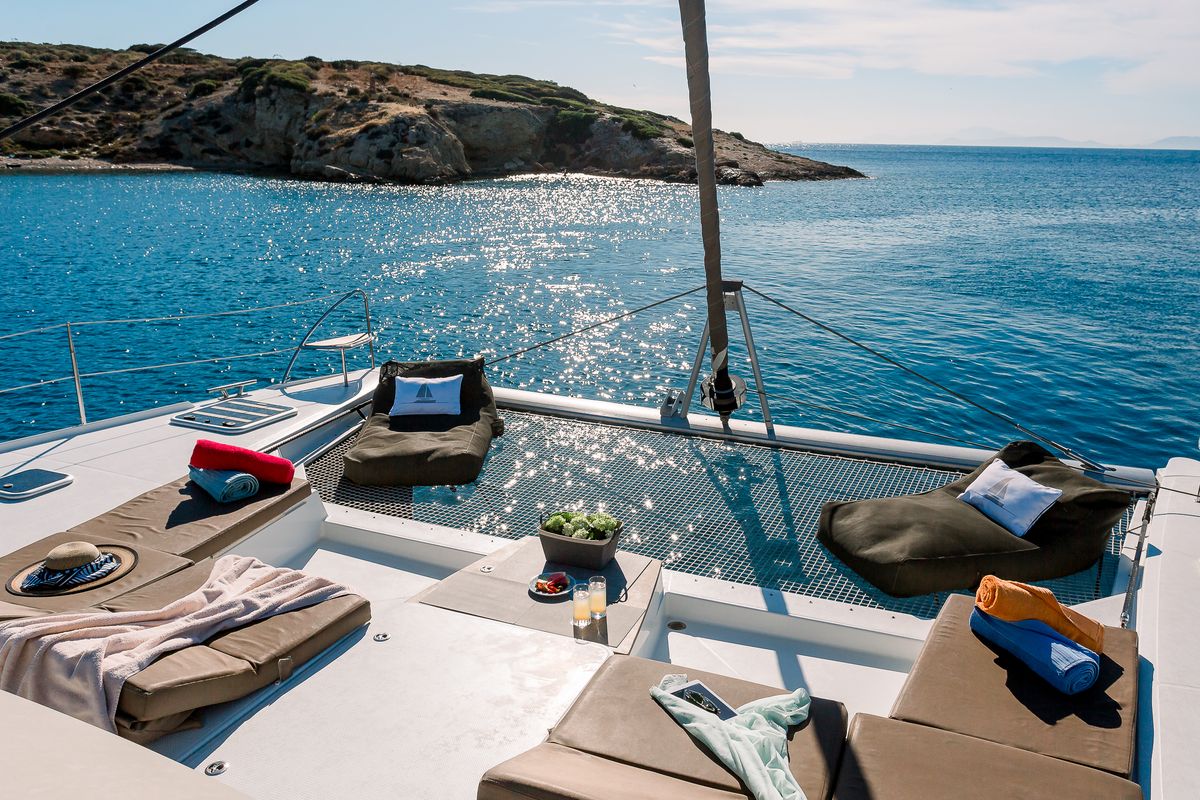 Deck of New Horizons 2, a Fountaine Pajot Saba 50 catamaran at Athens, Greece
