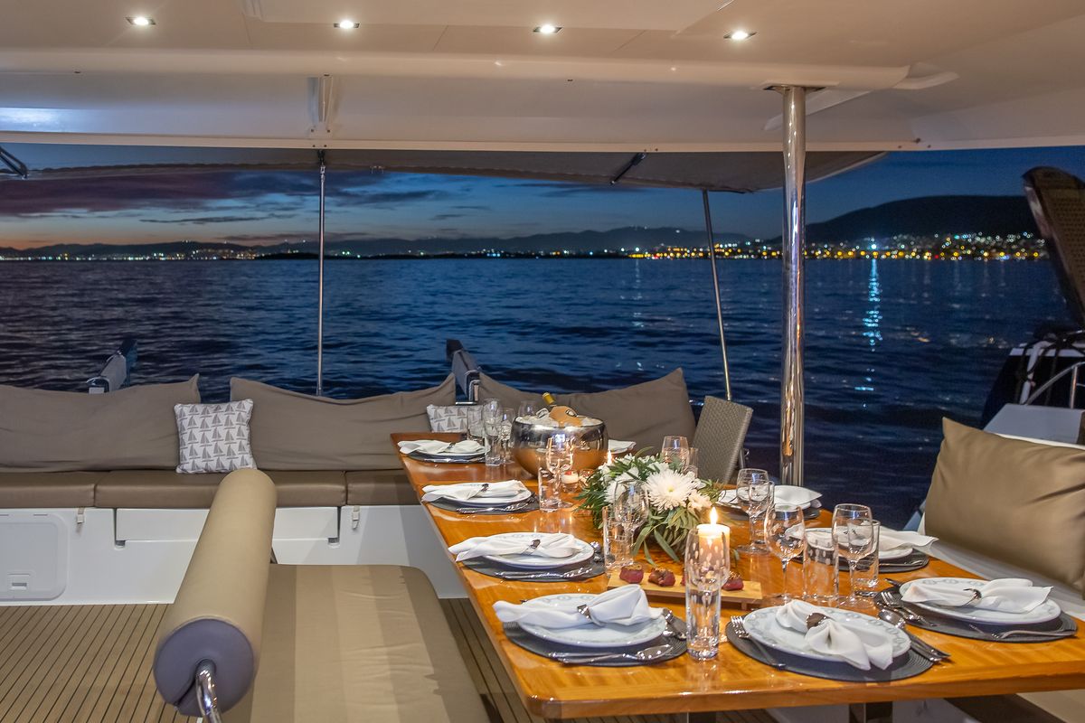 Deck of New Horizons 2, a Fountaine Pajot Saba 50 catamaran at Athens, Greece