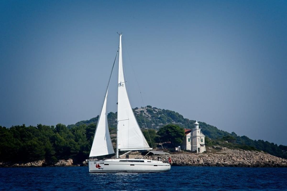 Exterior view of MH 64, a Bavaria Cruiser 41 sailboat at Murter, Croatia