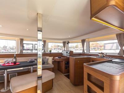 Salon of Amici, a Lagoon 42 catamaran at Athens, Greece