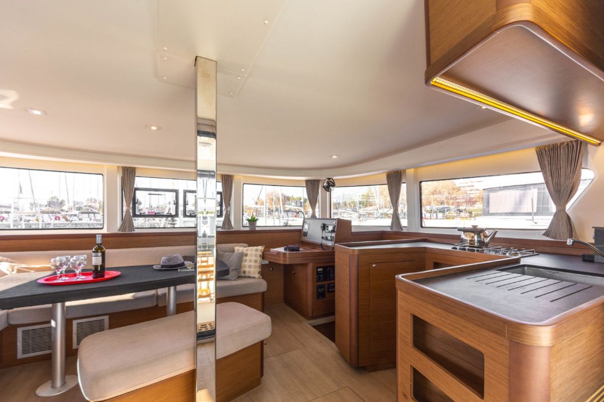 Salon of Amici, a Lagoon 42 catamaran at Athens, Greece