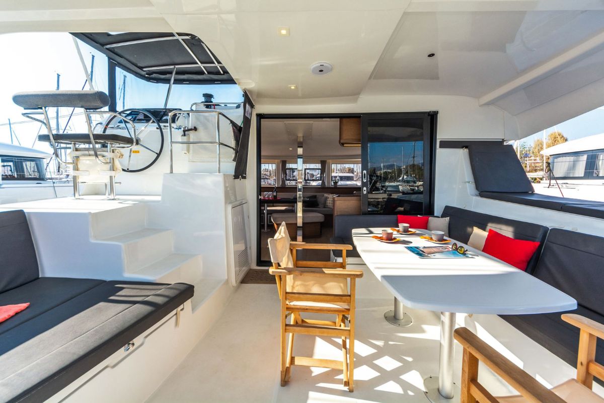 Deck of Amici, a Lagoon 42 catamaran at Athens, Greece