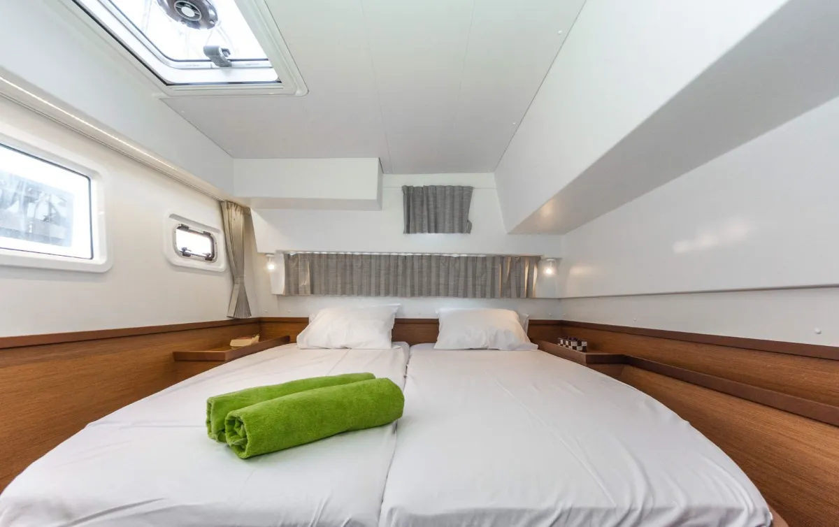 Cabin on Amici, a Lagoon 42 catamaran at Athens, Greece