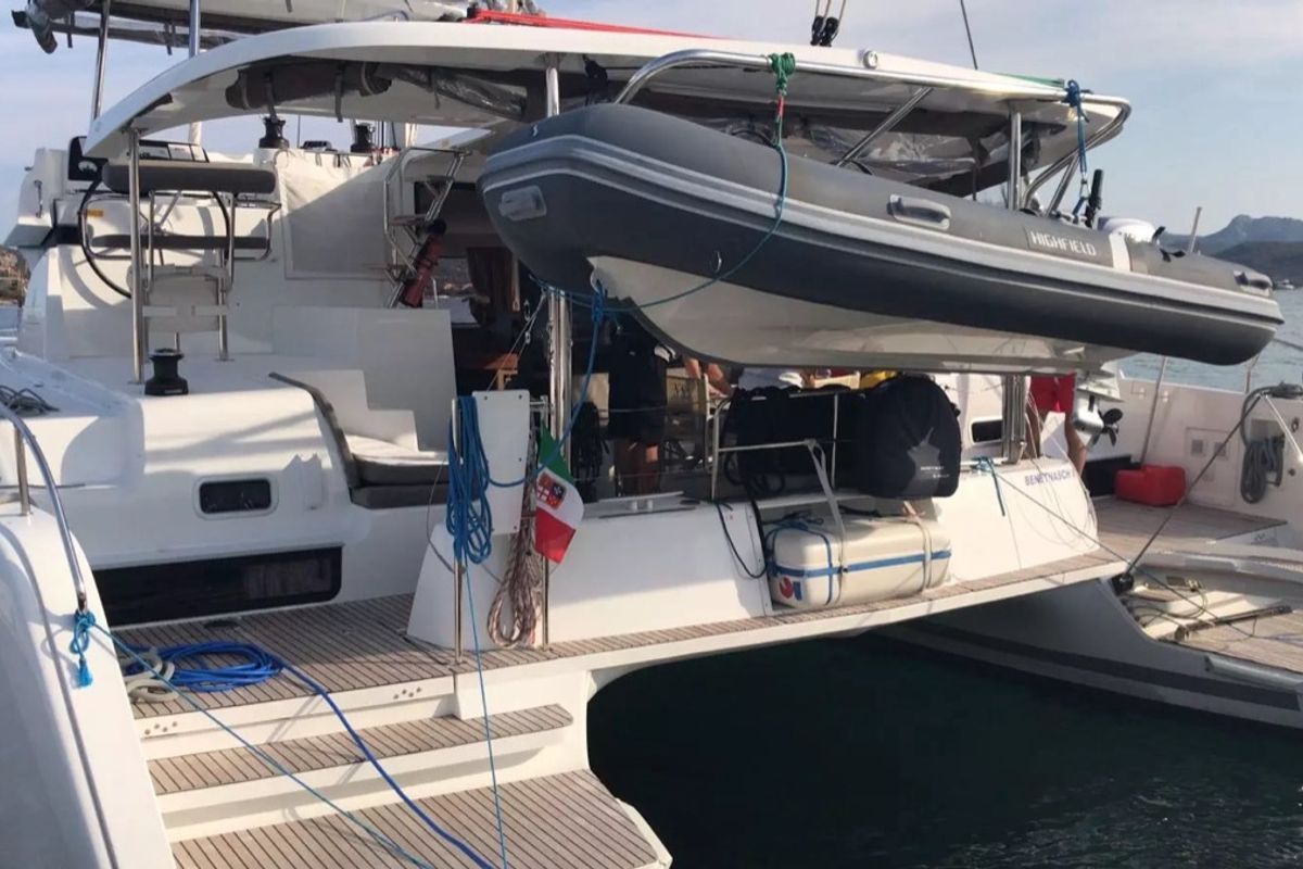 Exterior view of Benetnash II, a Lagoon 42 catamaran at Olbia, Italy
