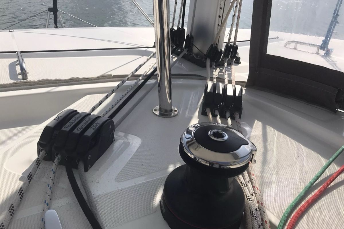 Cockpit of Benetnash II, a Lagoon 42 catamaran at Olbia, Italy