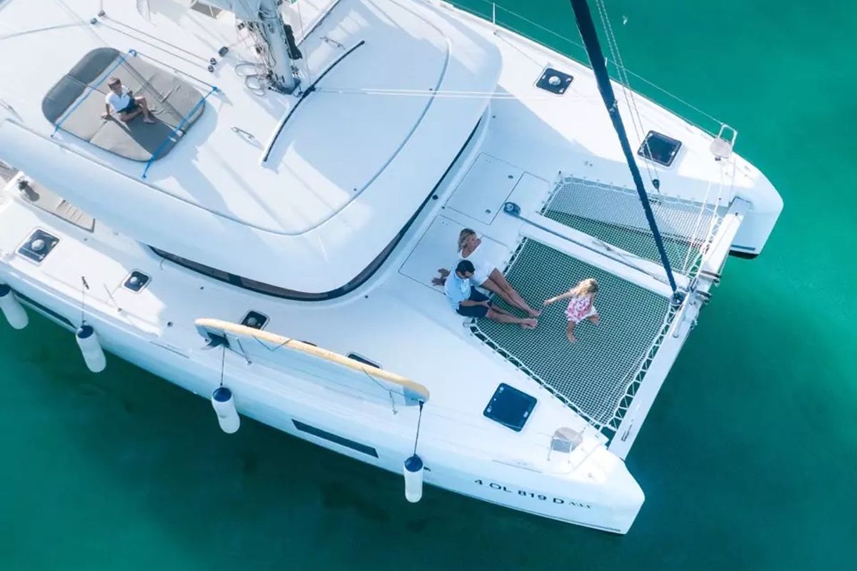 Exterior view of Benetnash II, a Lagoon 42 catamaran at Olbia, Italy