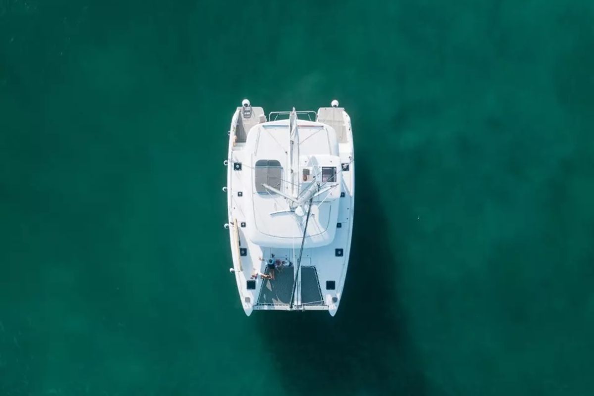 Exterior view of Benetnash II, a Lagoon 42 catamaran at Olbia, Italy