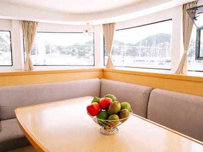 Salon of Benetnash II, a Lagoon 42 catamaran at Olbia, Italy