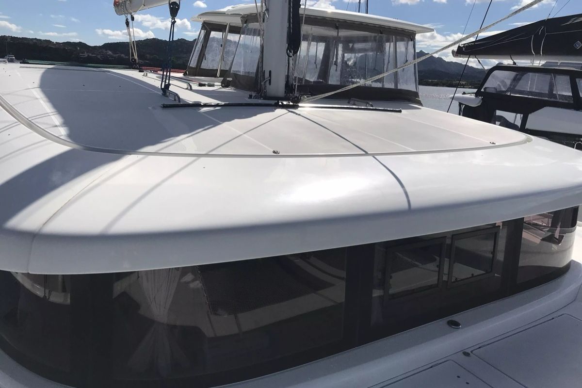 Deck of Benetnash II, a Lagoon 42 catamaran at Olbia, Italy
