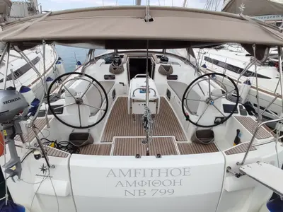 Cockpit of Amfithoe, a Jeanneau Sun Odyssey 519 sailboat at Volos Municipality, Greece