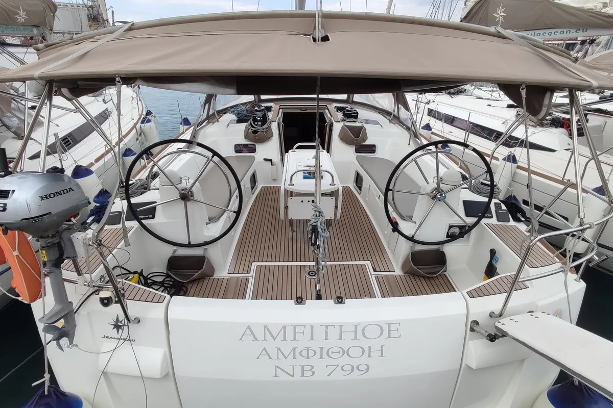 Cockpit of Amfithoe, a Jeanneau Sun Odyssey 519 sailboat at Volos Municipality, Greece