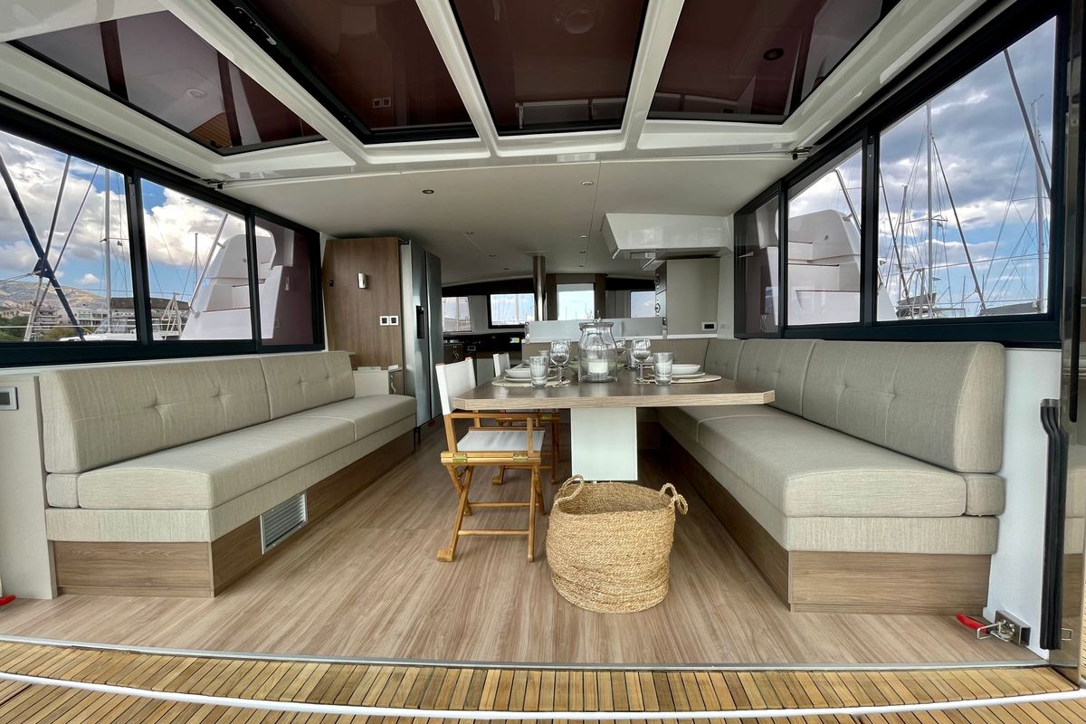 Salon of Romar III, a Bali 4.8 catamaran at Athens, Greece