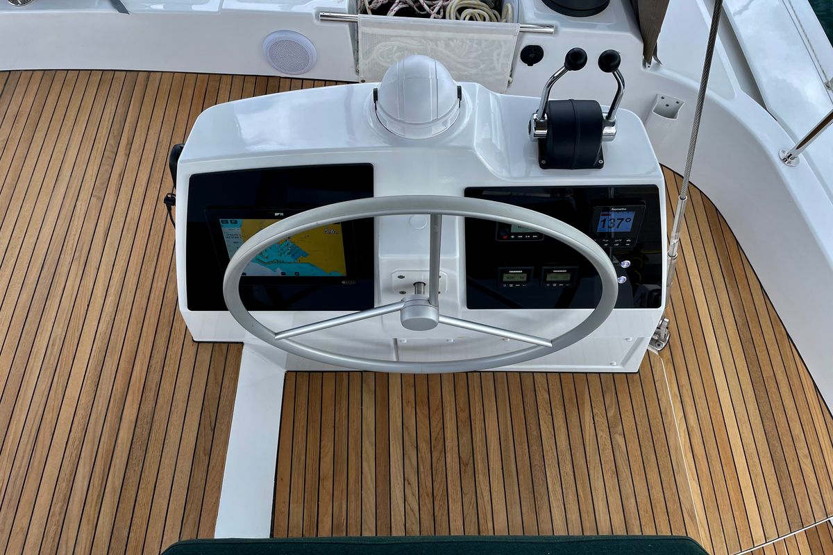 Cockpit of Romar III, a Bali 4.8 catamaran at Athens, Greece