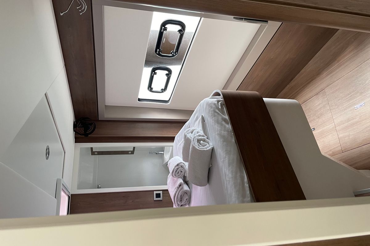 Cabin on Romar III, a Bali 4.8 catamaran at Athens, Greece
