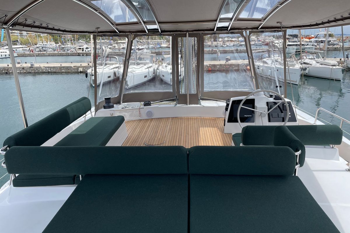 Deck of Romar III, a Bali 4.8 catamaran at Athens, Greece