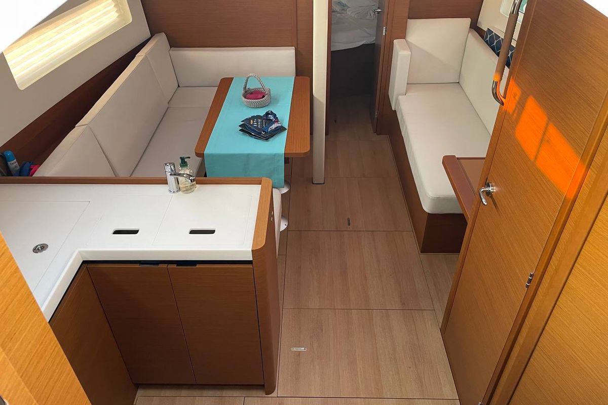 Salon of Just Happy, a Jeanneau Sun Odyssey 380 sailboat at Bodrum, Turkey