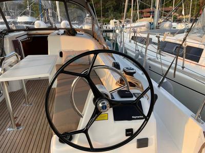 Cockpit of Just Happy, a Jeanneau Sun Odyssey 380 sailboat at Bodrum, Turkey