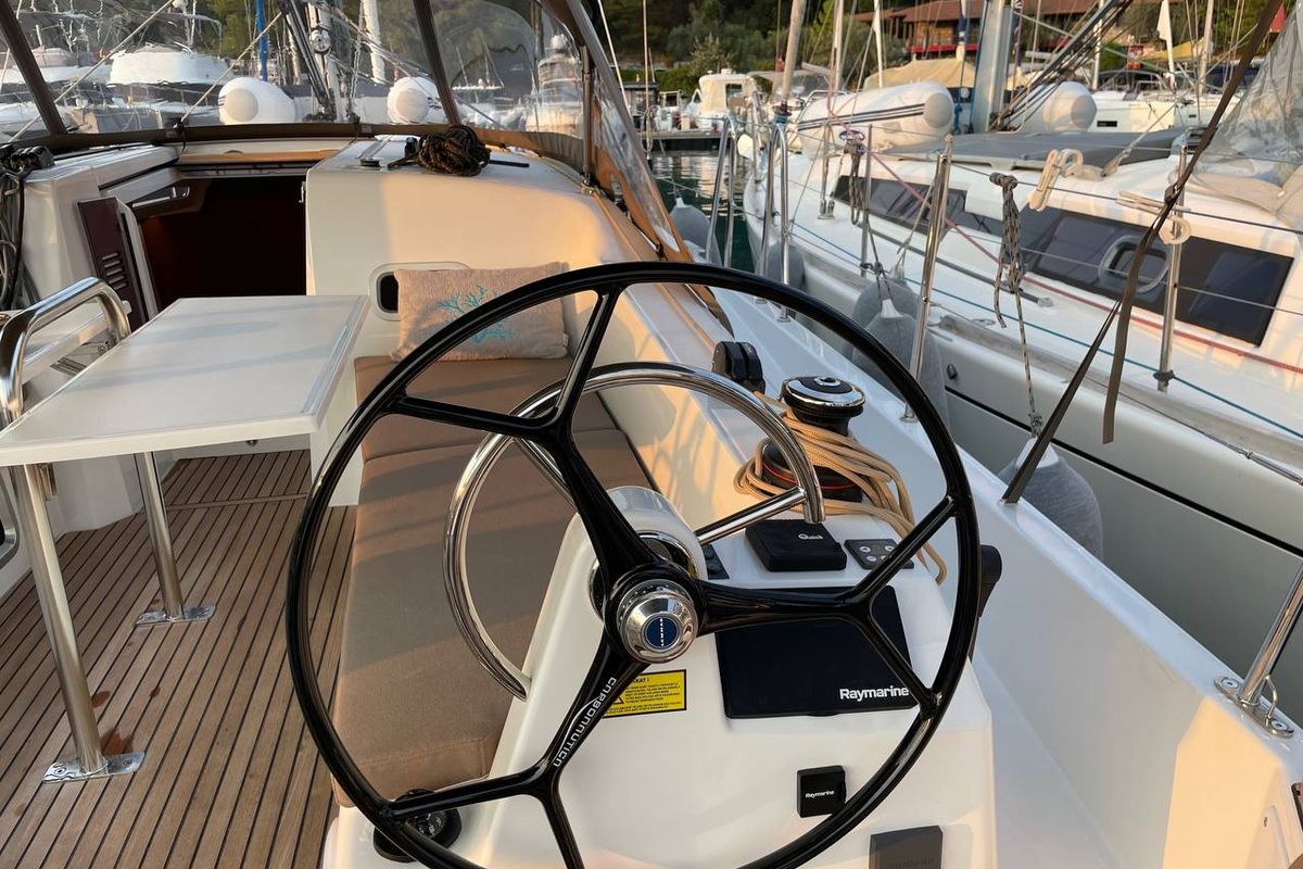 Cockpit of Just Happy, a Jeanneau Sun Odyssey 380 sailboat at Bodrum, Turkey