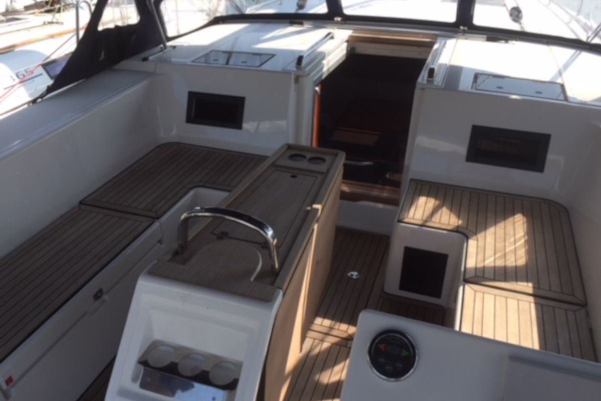 Cockpit of Alnair, a Bavaria C45 Holiday sailboat at Salerno, Italy